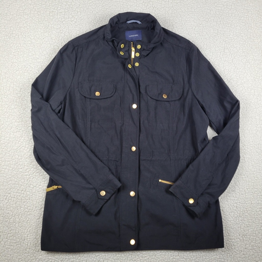 Lands End Jacket Women’s Size XL Black Gold Snap Zip Utility Pockets